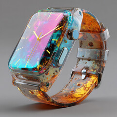 Transparent smartwatch with colorful display and amber resin strap