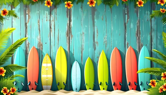 A collection of colorful surfboards leaning against a weathered turquoise wooden wall, with tropical foliage. - Powered by Adobe