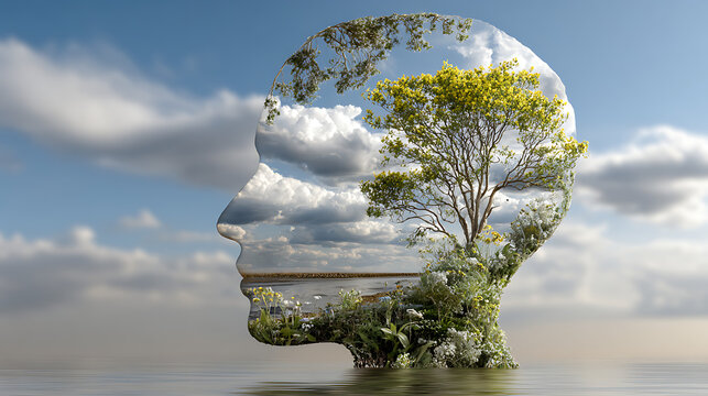 Surreal composite image of a persons head merged with a tree landscape
