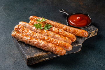 grilled sausages with ketchup on wooden board