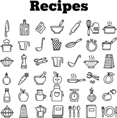 Black and White Line Art Icon Set for Cooking, Kitchen Tools, Food Ingredients, and Recipe Design Elements