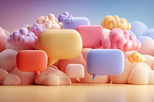 Colorful message bubbles float among pastel clouds in a bright, playful abstract landscape representing communication and social interaction - Powered by Adobe