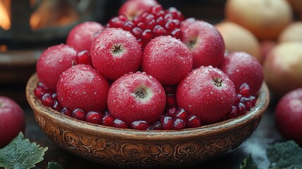Organic Apples and Pomegranate in Rustic Home Setting