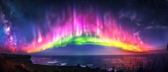 A stunning panorama of the aurora borealis illuminating the night sky with vibrant colors over a peaceful ocean landscape.