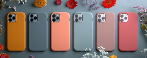 A display of six colorful phone cases arranged among vibrant flowers, showcasing a blend of modern accessories and natural beauty.