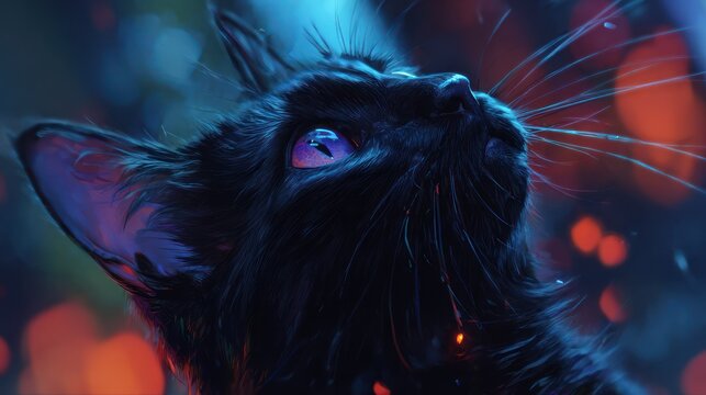 Close-up of a sleek black cat with bright eyes looking upwards in dark moody lighting