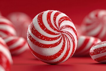 Round peppermint candy with white and red spirals sits on a matching red surface