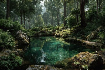 Tranquil turquoise lagoon surrounded by mossy rocks and vibrant green forest vegetation in Parque Nacional Copoau Mexico during daylight hours