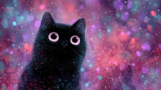 Illustration of a black cat against a colorful bokeh space-like background