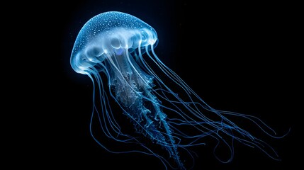 Bioluminescent jellyfish gracefully floats in dark ocean depths.
