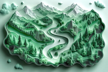 Fototapeta premium Paper Cut Island Landscape with Forest and River Flow