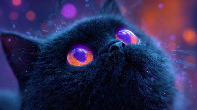 Low angle of black cat with large, glowing violet eyes, amid bokeh lights - Powered by Adobe