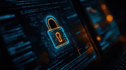 Digital lock symbol indicating online security in a dark environment with glowing elements