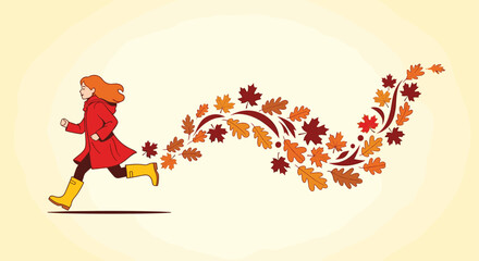 Fototapeta premium Cheerful woman joyfully running through autumn leaves in stylish coat and boots, radiating happiness and seasonal fun, perfect for fall promotions