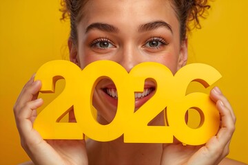 Cheerful young woman holding bright yellow 2026 numbers on a vivid background, symbolizing New Year celebration, positivity, happiness, and future goals.