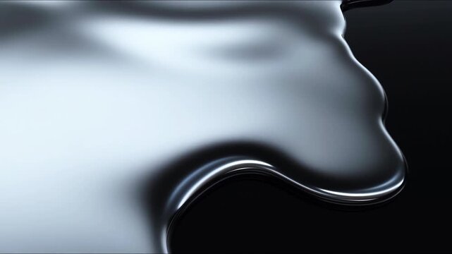 Macro cinematic shot of silver liquid metal flowing smoothly over a matte black surface. The camera tracks the movement like slow motion lava, reflecting light gradients
