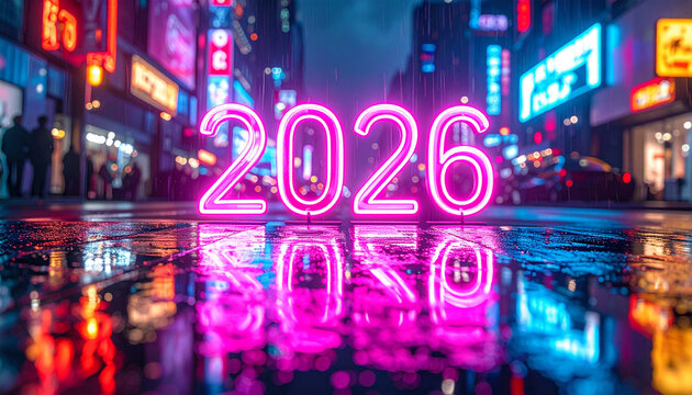 A vibrant neon sign displaying the year 2026 reflects on a wet city street at night, surrounded by glowing advertisements. - Powered by Adobe