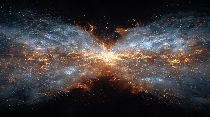 Symmetrical glowing energy bursts outward from a central point.