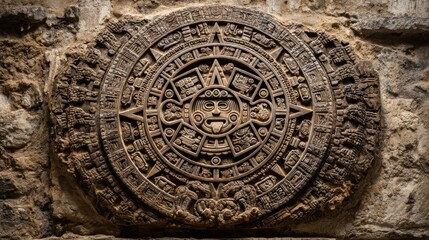 The Aztec calendar stone features detailed carvings of celestial symbols and deities. It is displayed in a museum highlighting the rich history of the Aztec civilization.
