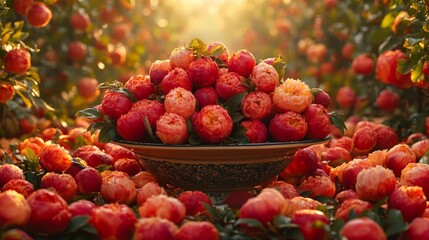 Red Apples and Pomegranate in a Vintage Wooden Bowl