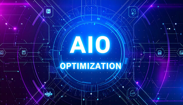 AIOテキストが中心に光りOptimization技術を象徴する電子的で洗練された構図
