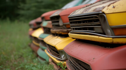 Abandoned car graveyard with faded paint, rusting grills, and overgrown vegetation.