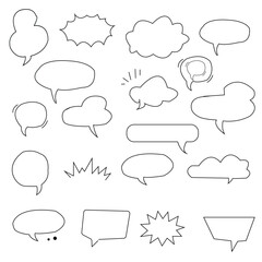 Collection of hand drawn doodle speech bubbles and thought clouds in black outline on white background