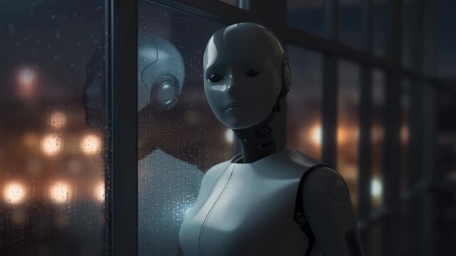 A humanoid robot stands silently by a window at night, looking out at a vibrant city filled with twinkling lights. It reflects on the glass, creating a captivating image