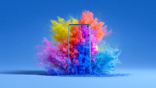 A sleek smartphone with vibrant colors and a dynamic explosion effect, set against a clean blue background, creating an energetic scene for mobile product advertising. - Powered by Adobe