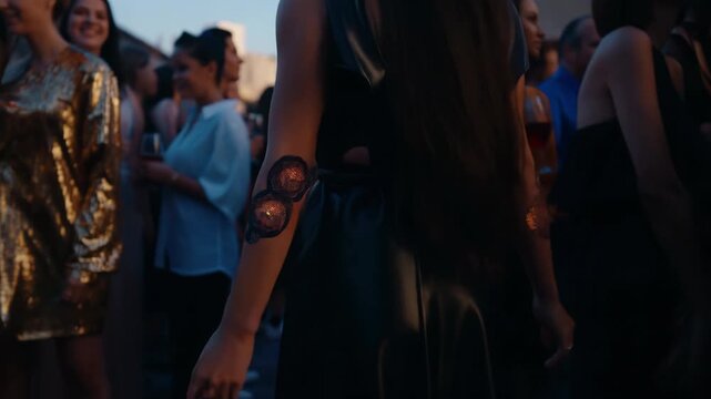 Close to skin, a tattoo on a forearm pulses with living ink that changes shape and color as the person&rsquo;s mood shifts. The camera zooms in, capturing spirals that morph into fractal patterns. Then it p