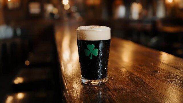 A cinematic shot of a perfect pint of Irish stout with shamrock foam art. Evokes a cozy and traditional pub atmosphere for St. Patrick's Day.