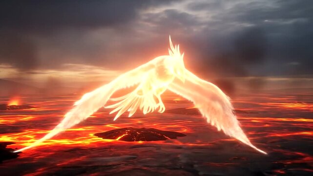 A mythical phoenix soaring above a fiery volcanic landscape at sunset, symbolizing rebirth