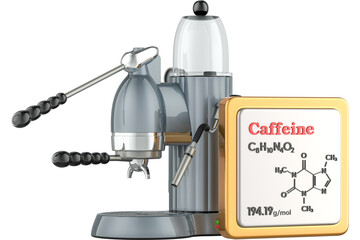 Manual coffeemaker and caffeine Icon with chemical formula, transparent background