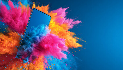 A sleek smartphone with vibrant colors and a dynamic explosion effect, set against a clean blue background, creating an energetic scene for mobile product advertising.