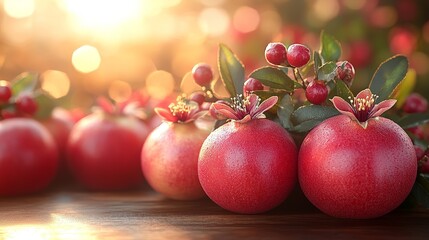 Fresh Red Apples and Pomegranate in Rustic Wooden Bowl