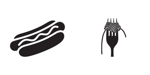 Black and White Vector Icons of Hot Dog and Spaghetti Fork