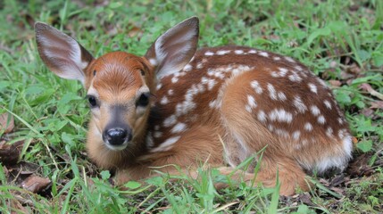 Obraz premium A young deer lies comfortably on soft green grass in a forest. Its fur features beautiful spots and it enjoys the warm sunlight filtering through the trees.