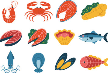 Naklejka premium Collection of fresh seafood and fish illustrations on white background