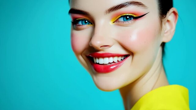 Video of edgy beautiful fashion model with makeup and hairstyle in slow motion zoom out video.Beautiful smile.AI Generative.
