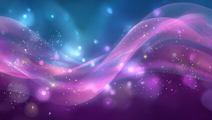 Fototapeta premium An abstract background with pink and purple wavy lines, blurred lights, and sparkles on a blue background, creating a dreamy and modern visual style.