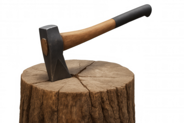 Axe blade chopping into an old wooden tree stump, rustic lumberjack tool for splitting firewood, transparent background