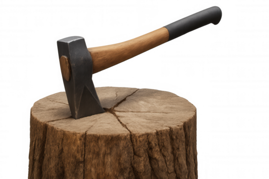 Axe blade chopping into an old wooden tree stump, rustic lumberjack tool for splitting firewood, transparent background