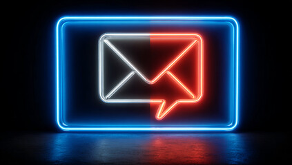 A high-resolution icon in blue and red neon light, featuring a message bubble containing an envelope, set against a black background, modern and glowing design.