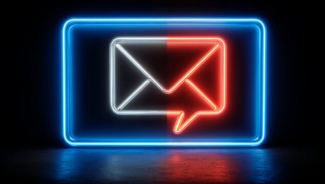 A high-resolution icon in blue and red neon light, featuring a message bubble containing an envelope, set against a black background, modern and glowing design.