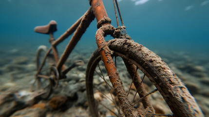 Submerged bicycle covered in sediment, abandoned underwater. Mystery of its story. Close-up highlights the textures of water and sediment.