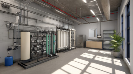 Modern industrial water treatment facility interior with equipment and pipes. a clean, modern industrial facility with advanced water treatment technology.