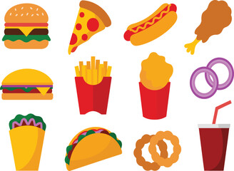 Collection of popular fast food items including burgers pizza fries and drinks