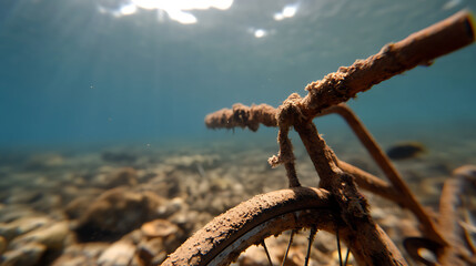 Underwater Artifact: A submerged bicycle, encrusted in sediment, lies on the seabed, bathed in the sunlit depths of a clear blue aquatic environment.