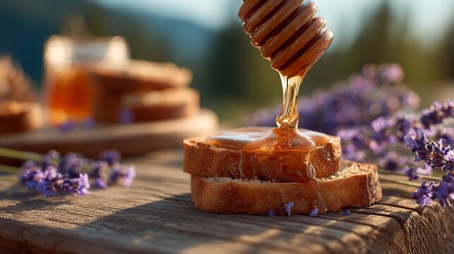 Golden honey drizzling onto toast with lavender, creating a warm and inviting breakfast scene for commercial use - Powered by Adobe