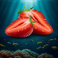 Half strawberry on turquoise wood